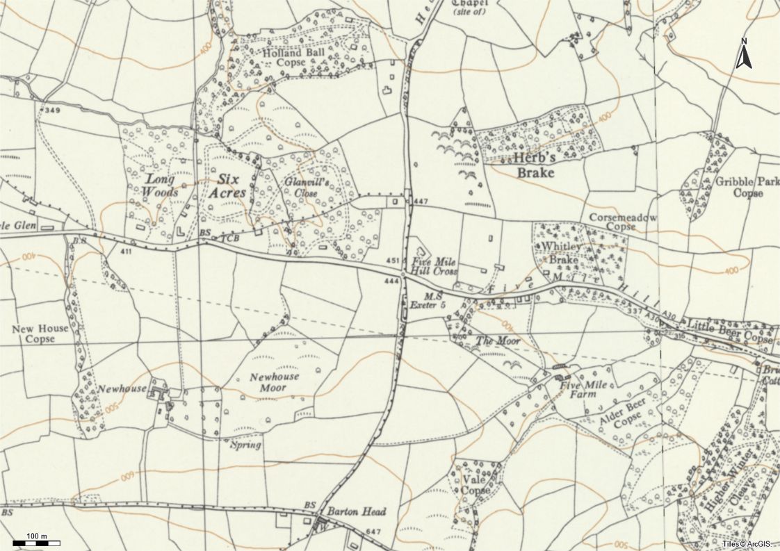 Five Mile Hill Cross on a 1963 OS map.
