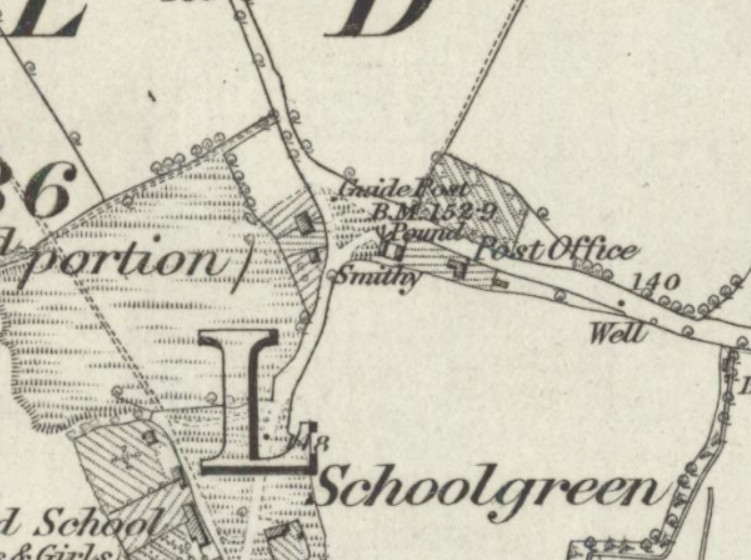 An extract from an 1883 Ordnance Survey map, centred on a road junction in the middle of Shinfield, Berkshire. A triangular patch of ground at the junction of two roads is marked as having a guide post and a pound.