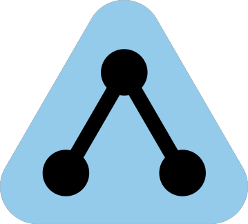 A light blue equilateral triangle with rounded corners pointing up. A black dot appears inside each corner with a black line connecting the bottom-left to the top dot, and the top dot to the bottom-right one, like a stylised letter A.