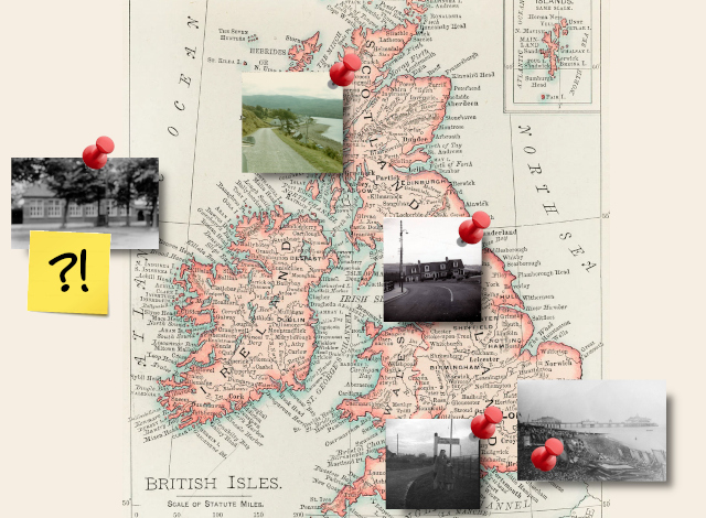 A composite image of an old map of the UK with some of the images used in this article plotted onto it.